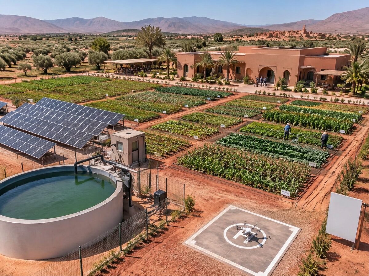 Aerial view of the MOSAIC campus concept: demonstration crop plots, solar panels, a water reservoir, a drone pad and a learning hub
