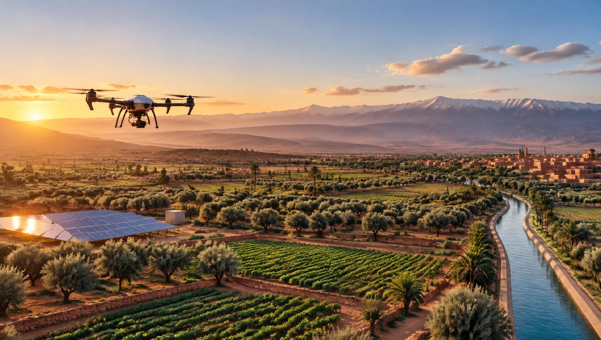 Golden-hour aerial view of Moroccan farmland with a drone, solar panels, an irrigation canal and the Atlas mountains